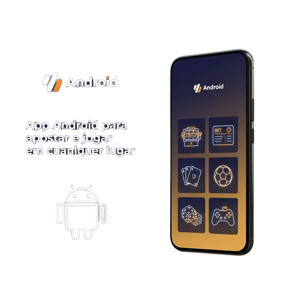 Tela de smartphone Android exibindo app de apostas com esportes, slots e mesas ao vivo para jogar em qualquer lugar.