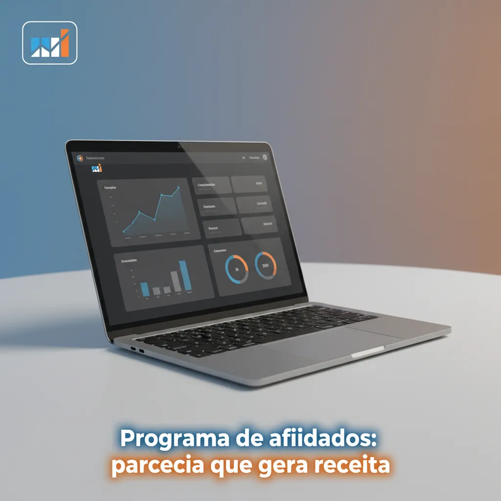 Ilustração do programa de afiliados: parceria que gera receita, com gráficos em tempo real, comissões e suporte dedicado.