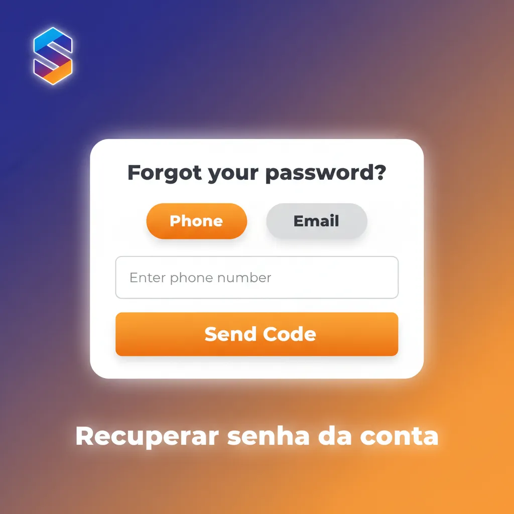 Tela de recuperação de senha: opções e-mail/SMS, campo para código, criação de nova senha e lembrete de suporte 2FA.