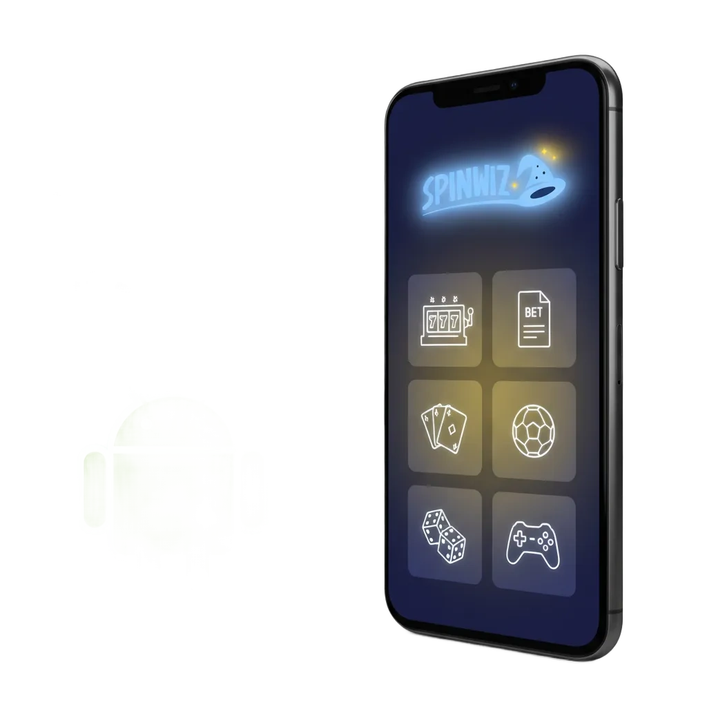 Tela do app Android da Spinwiz com opções de apostas e cassino e instruções de instalação do APK.