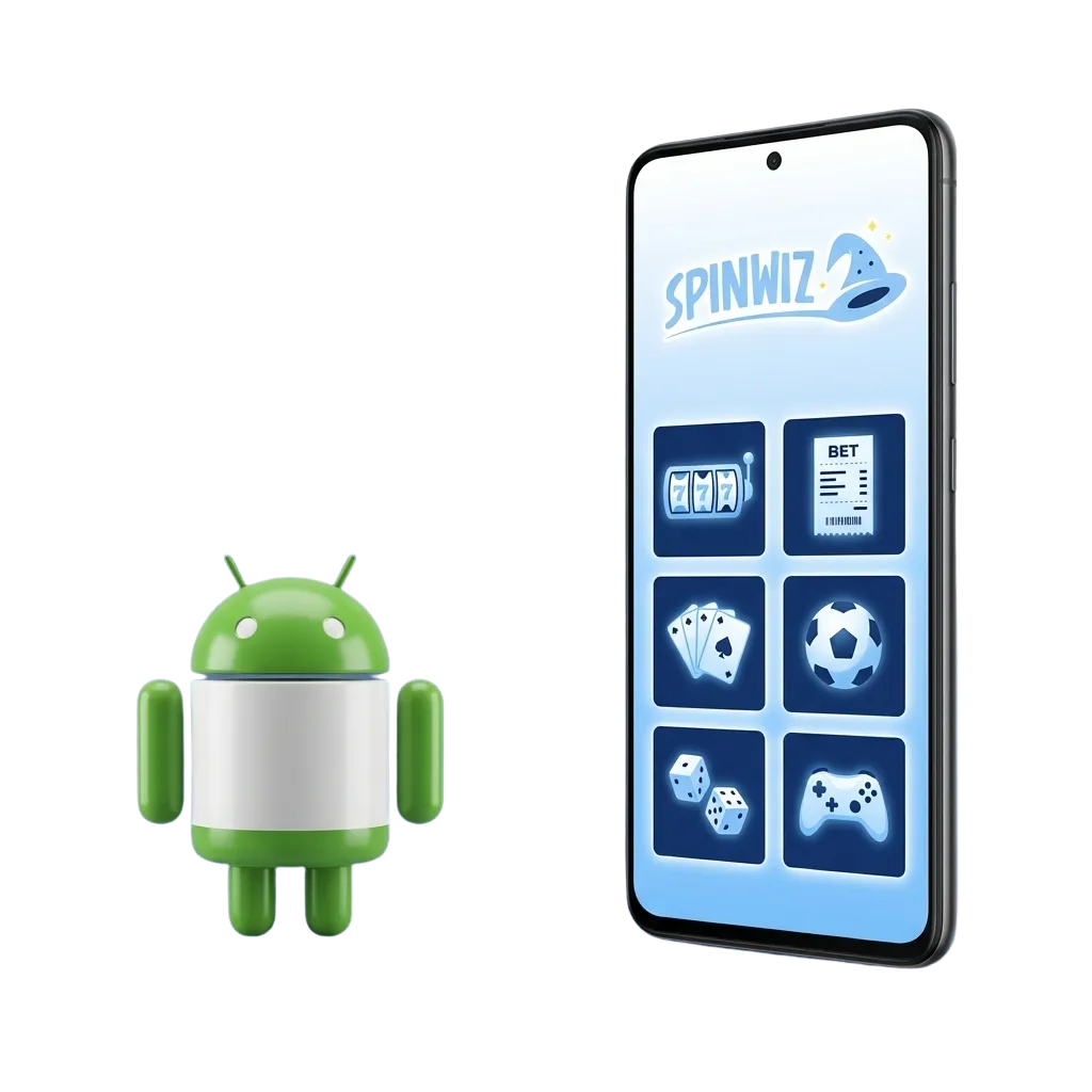 Spinwiz Android app interface showing sports betting and casino games access on mobile device