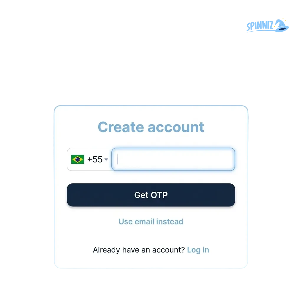Spinwiz login screen showing account registration, verification steps, and welcome bonus offer for Brazilian players