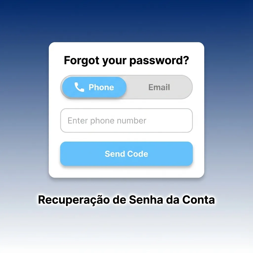 Tela de login com botão "Esqueci a Senha" destacado e ícones de e-mail e SMS para recuperação de conta